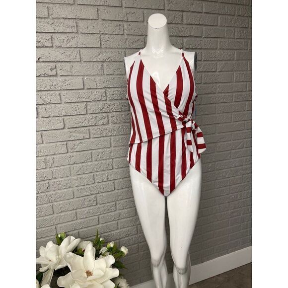 CUPSHE Rust & White Striped One-Piece Wrap Swimsuit Size XXL NWT - Picture 2 of 11